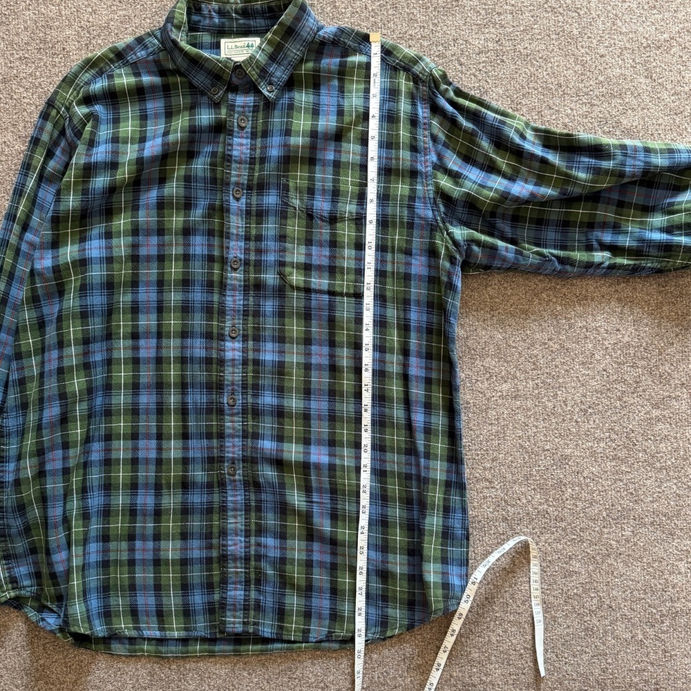LL Bean Men’s L Casual Button Up Shirt Blue Green Plaid Long Sleeve 100% Cotton - Picture 10 of 13